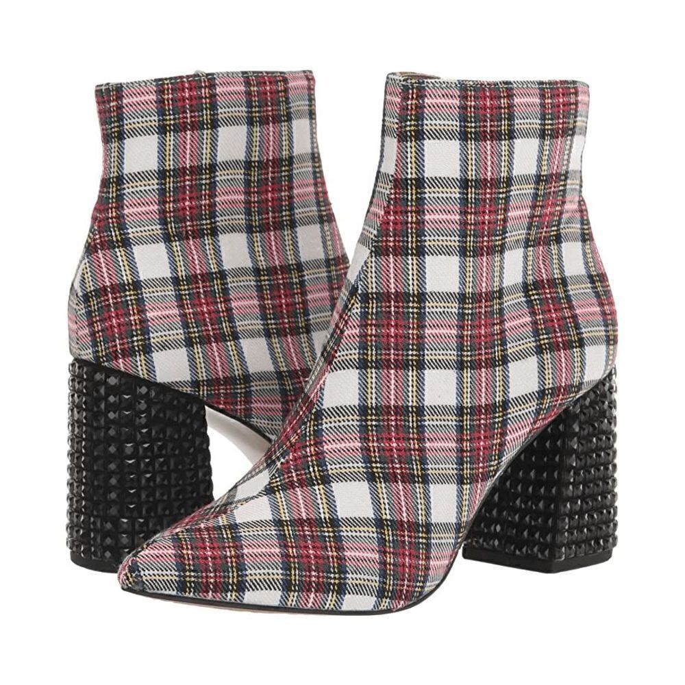 Betsey Johnson Kassie Black White Red Plaid Beaded Heel Dress Bootie Size 5